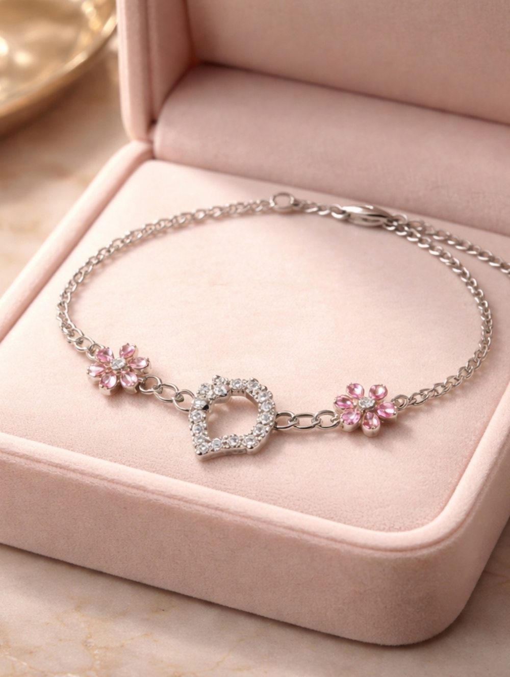Silver-Tone Pink Crystal Hello Kitty & Flower Bracelet